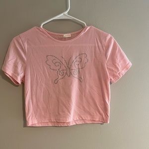 Romwe Pink Rhinestone Butterfly Tee